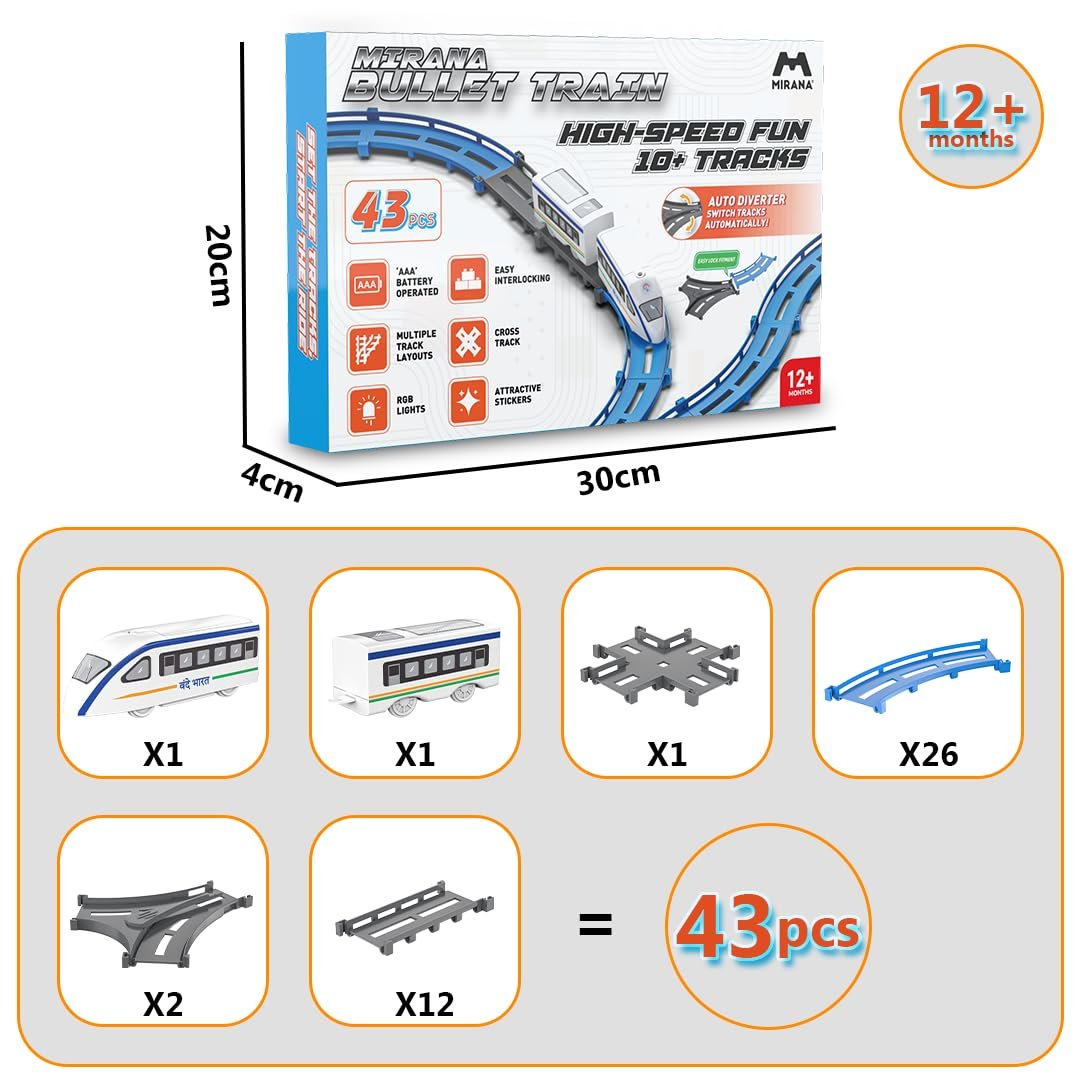 Mirana Vande Bharat Bullet Train Toy Set for Kids - Multiple Railway Track Layout, AAA Battery Operated, Fun Gift for Boys & Girls 1+ Years, Made in India (Basic - 43 pcs) - Image 2