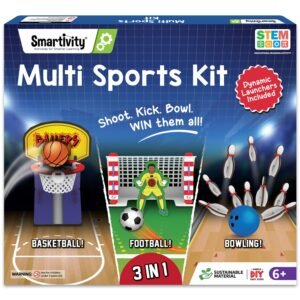 JH01284 (1) Smartivity Multi Sports Kit for Kids 6-12 Year I Basketball, Football & Bowling | Birthday Gifts for Boys & Girls | DIY Science Toy for Kids 6,7,8,9,10,11,12,13,14 YearsI STEM Wooden Construction Game