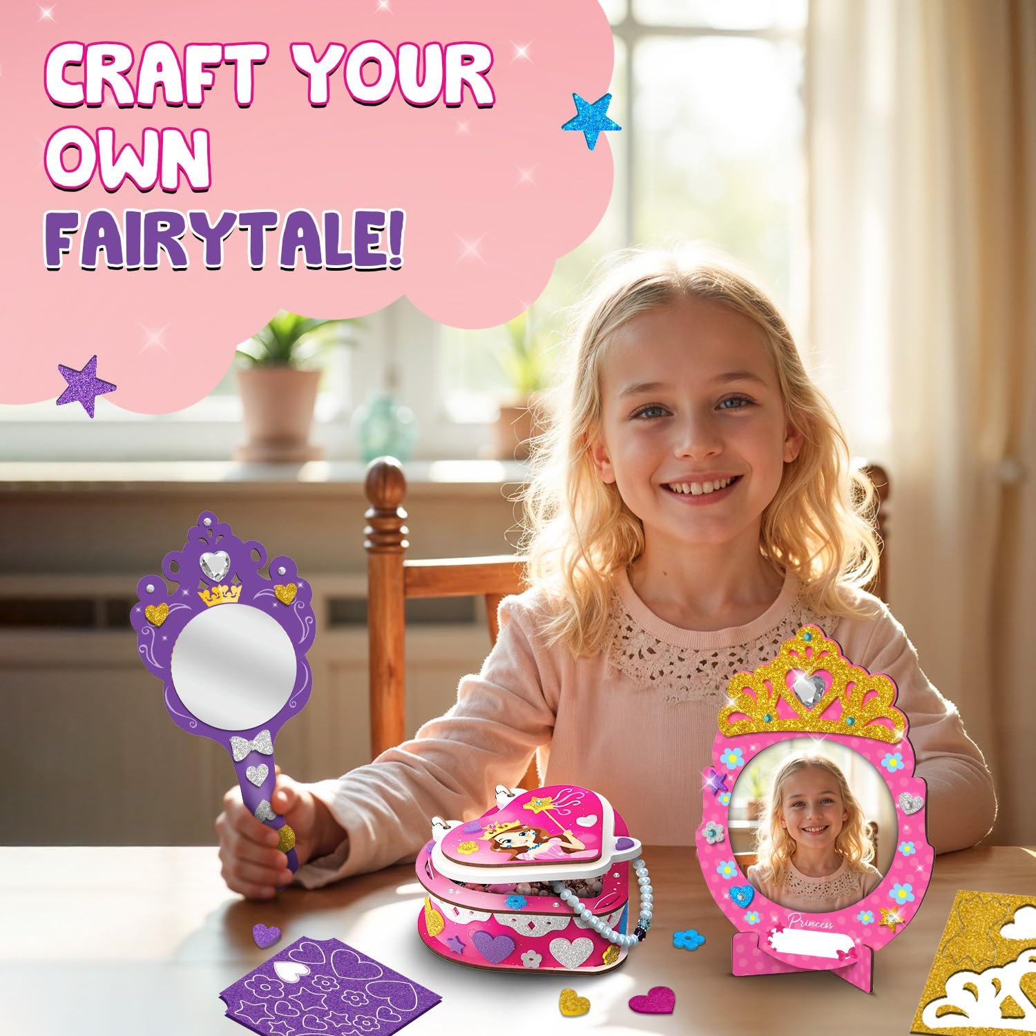 Smartivity Little Princess Craft Box for Girls | DIY Art & Craft Kit to Make Jewellery Box,Mirror & Frame | Age 4-8 Years|Kids Craft Activity Set with Gems & Glitter | Birthday Gift for Kids - Image 3