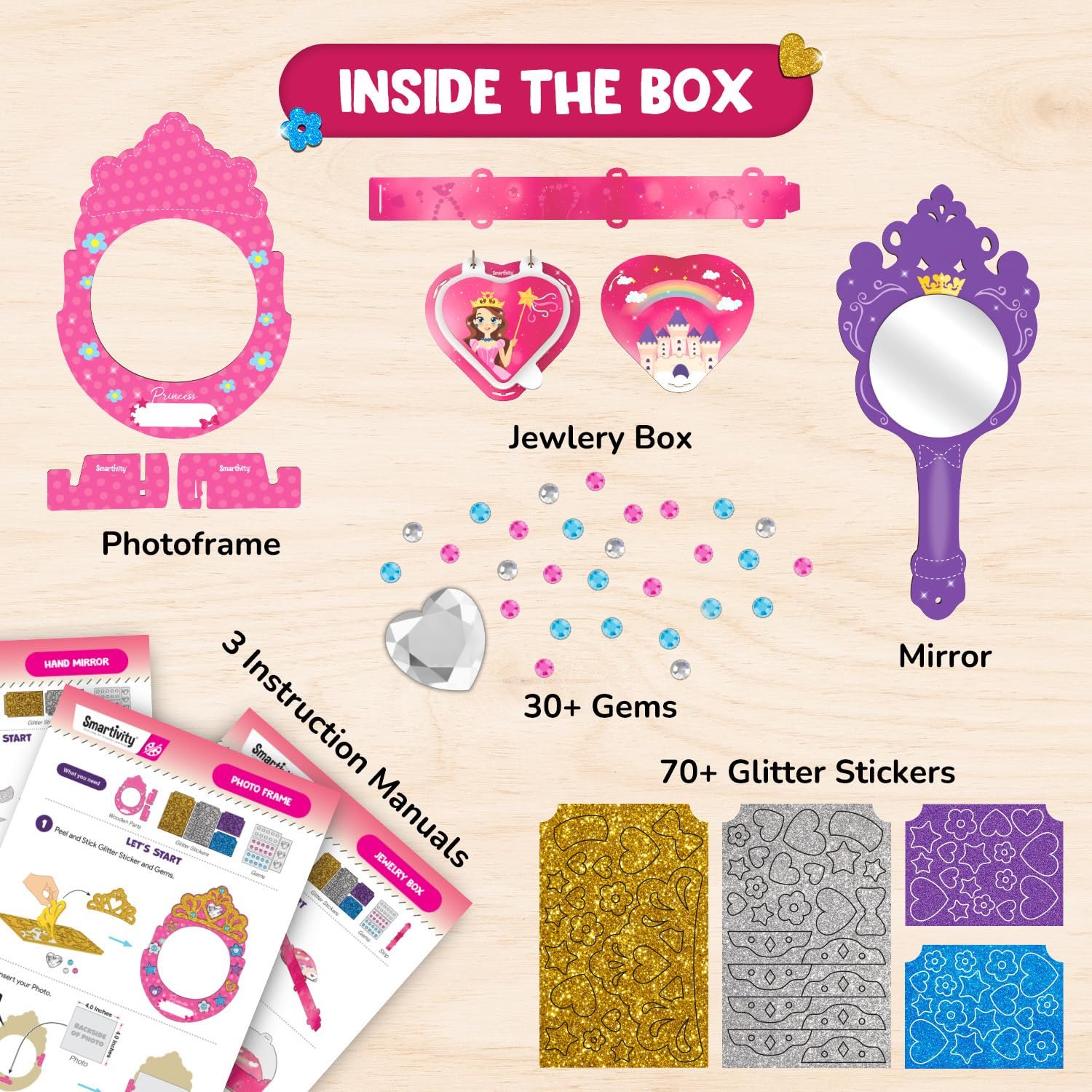 Smartivity Little Princess Craft Box for Girls | DIY Art & Craft Kit to Make Jewellery Box,Mirror & Frame | Age 4-8 Years|Kids Craft Activity Set with Gems & Glitter | Birthday Gift for Kids - Image 6
