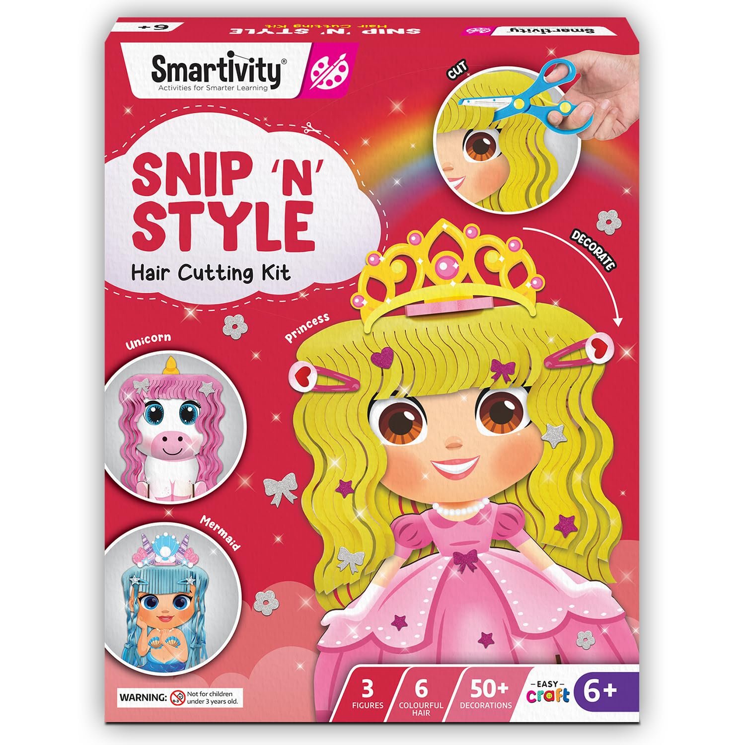 Smartivity Snip ‘N’ Style Hair Styling Craft Kit for Kids | DIY Scissor Skills & Creativity Activity Set | Includes Princess, Mermaid & Unicorn Figures | STEM Art & Craft Toy for Girls Ages 4–8 Years