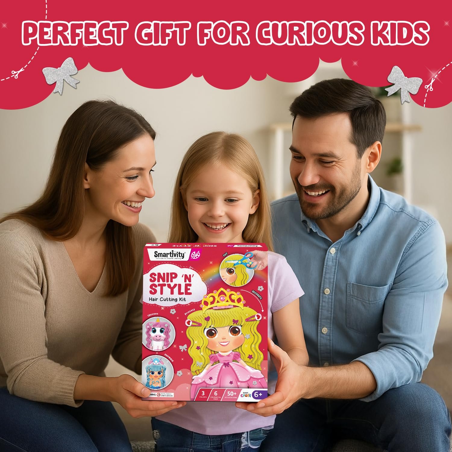 Smartivity Snip ‘N’ Style Hair Styling Craft Kit for Kids | DIY Scissor Skills & Creativity Activity Set | Includes Princess, Mermaid & Unicorn Figures | STEM Art & Craft Toy for Girls Ages 4–8 Years - Image 2
