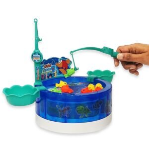 Magnetic Fishing Game Toy for Kids with Music & Lights, Rotating Water Play Fishing Set, Magnetic Fish Catching Game for Toddlers & Children (Blue)